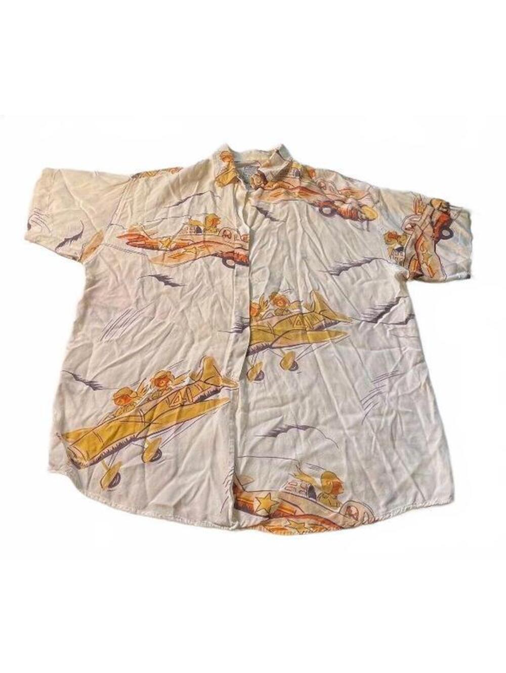 Vintage 1990s Ary Cooper Short Sleeve Rayon Shirt with Airplane Print, Size M